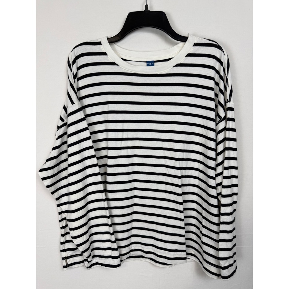 Old Navy Women 100% Cotton Long Sleeve Shirt XXL White Black Striped Vintage Tee